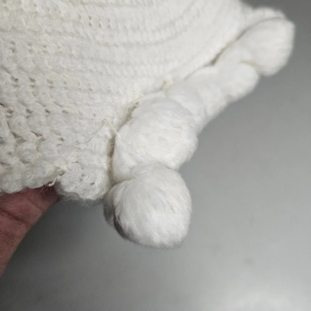 Handmade White Crochet Pixie Baby Bonnet with Pom Poms and Chin Straps